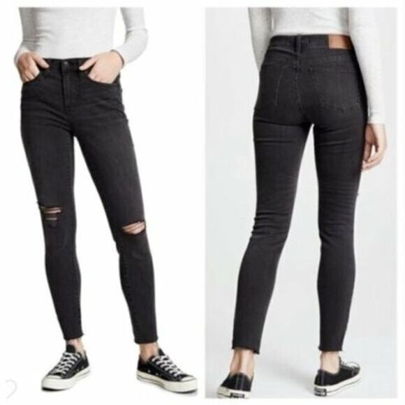MADEWELL 9" Mid-Rise Skinny Raw Hem Distressed Ripped Knee Black Grey Jean 28 - Picture 1 of 8